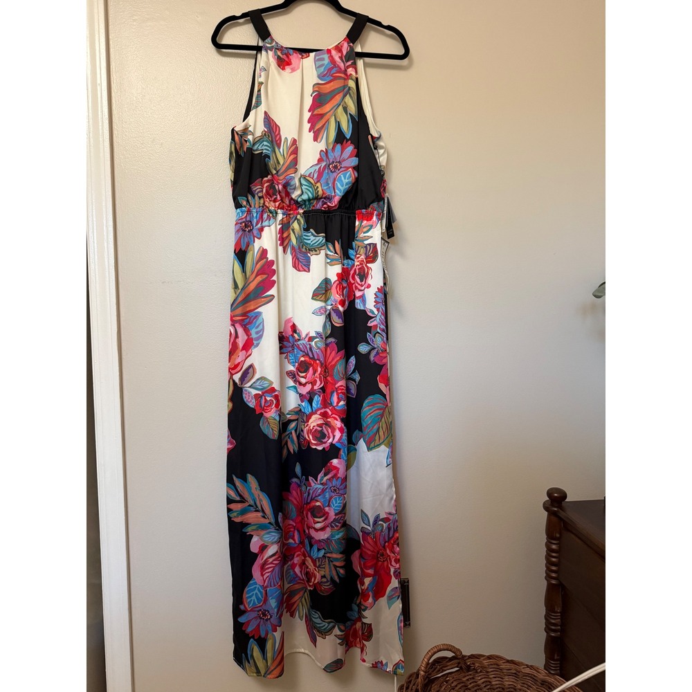 Adrianna Papell Floral Maxi Dress Halter Neck Side Slits Black Size 10 NEW